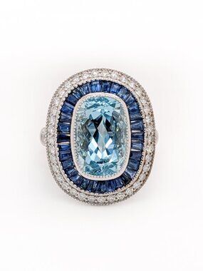 5.2ct Aquamarine Ring with Sapphire Baguette & Diamond Double Halo in 14K Gold